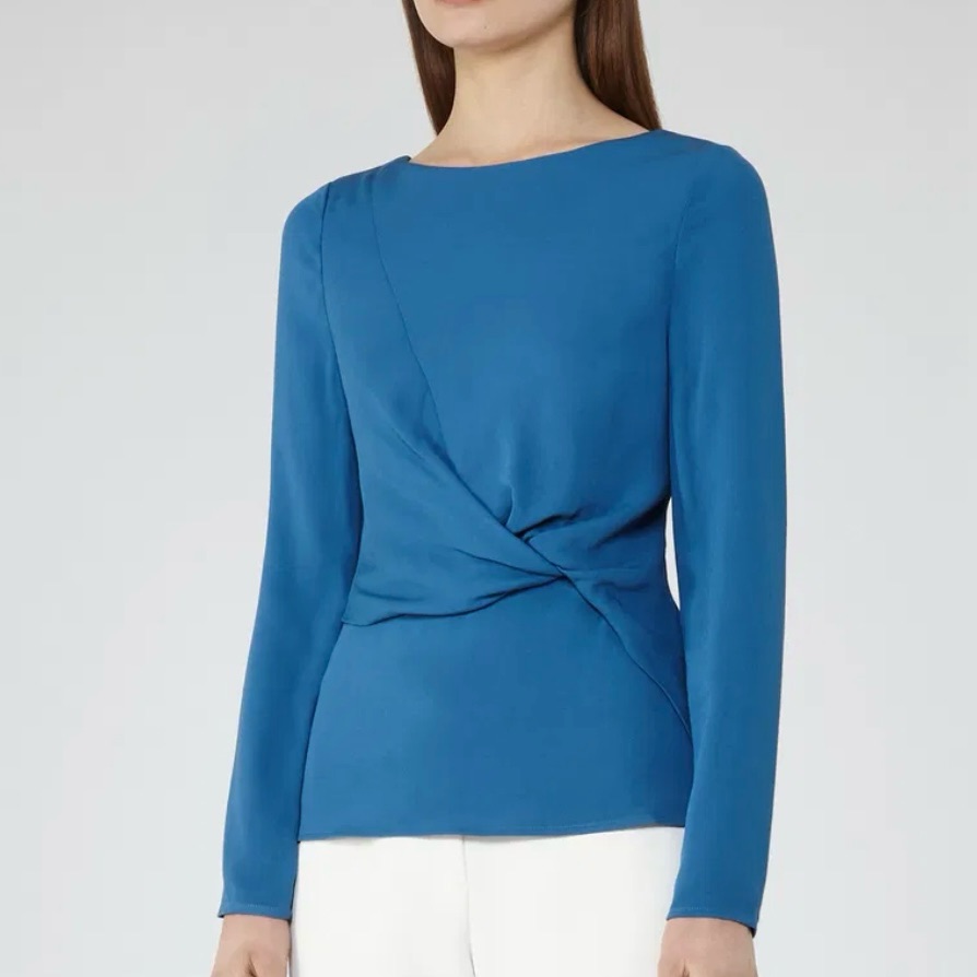 Reiss Nwt Blue Long Sleeve Knotted Ruched Blouse Size Us 0/Uk 4